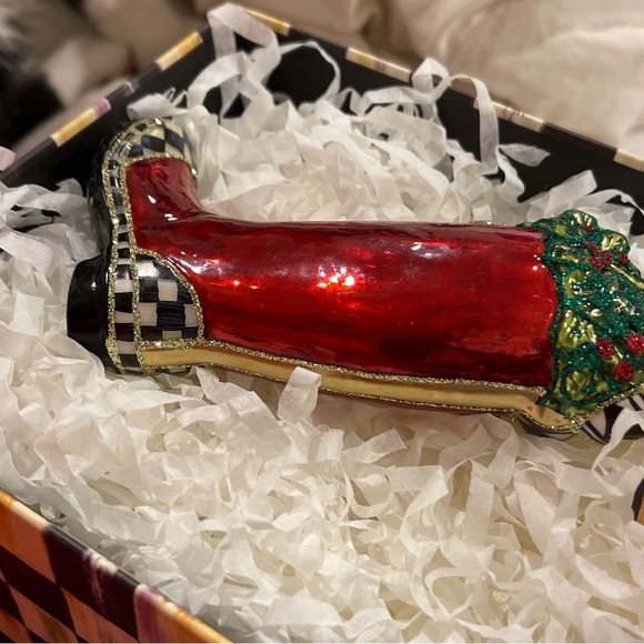 Mackenzie-Childs Christmas Wellie Glass Ornament, New In Box Handblown with Tags - Picture 6 of 15